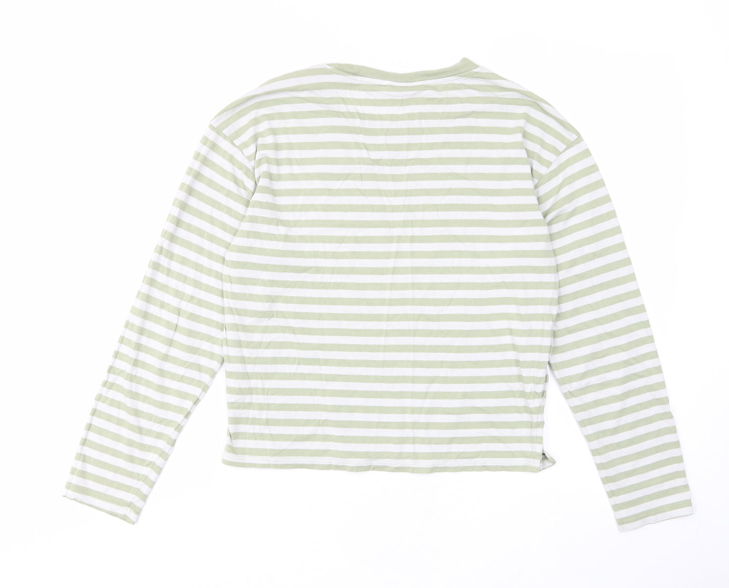 Monki Womens Green Striped Cotton Cropped T-Shirt Size 2XS Crew Neck