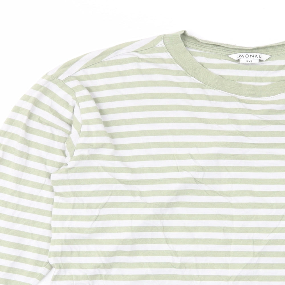 Monki Womens Green Striped Cotton Cropped T-Shirt Size 2XS Crew Neck