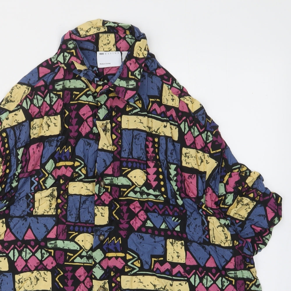 ASOS Mens Multicoloured Geometric Viscose Button-Up Size M Collared Button