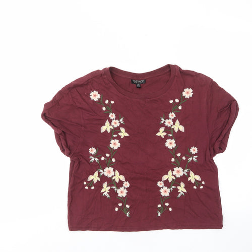 Topshop Womens Red Floral Cotton Cropped T-Shirt Size 10 Crew Neck - Embroided