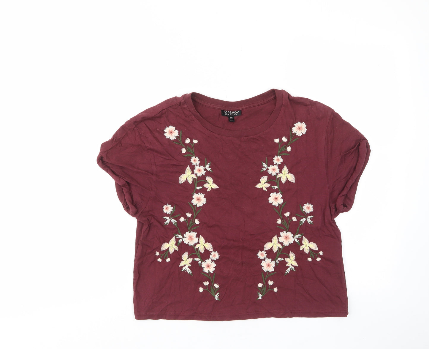 Topshop Womens Red Floral Cotton Cropped T-Shirt Size 10 Crew Neck - Embroided