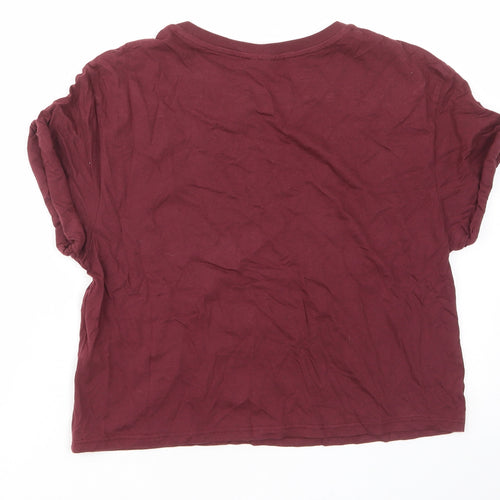 Topshop Womens Red Floral Cotton Cropped T-Shirt Size 10 Crew Neck - Embroided