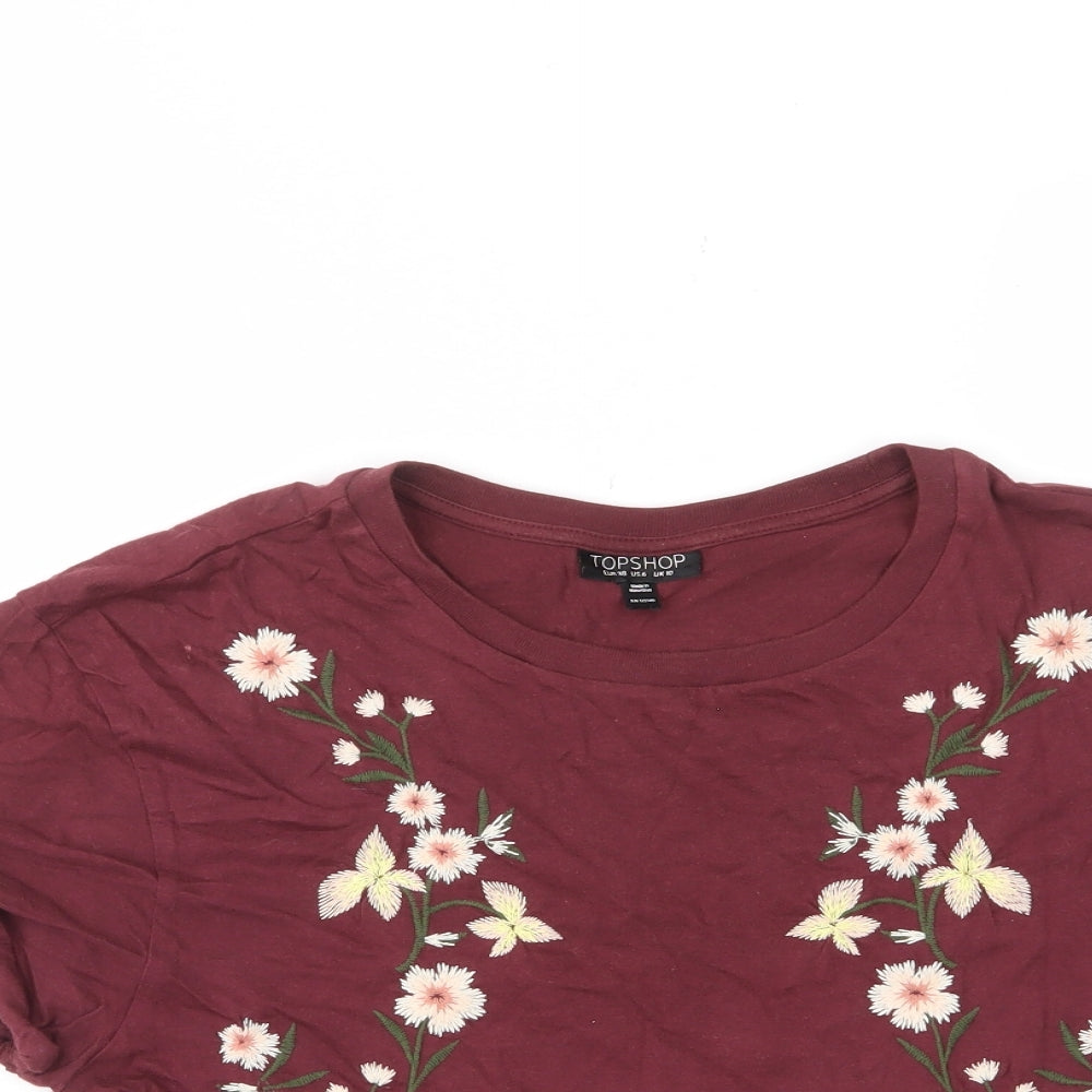 Topshop Womens Red Floral Cotton Cropped T-Shirt Size 10 Crew Neck - Embroided