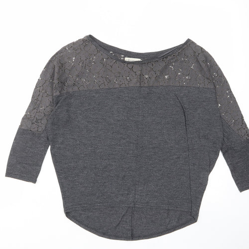 Pull&Bear Womens Grey Polyester Basic T-Shirt Size S Boat Neck - Lace