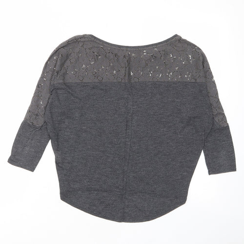 Pull&Bear Womens Grey Polyester Basic T-Shirt Size S Boat Neck - Lace