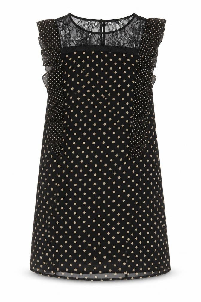 Front view of Oasis women’s black polka dot polyester a-line, size UK 10, boat neck button - lace, frill