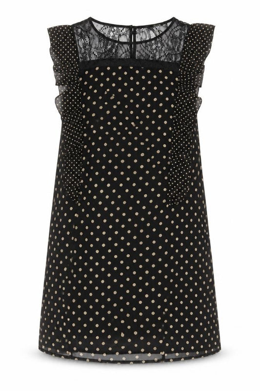 Front view of Oasis women’s black polka dot polyester a-line, size UK 10, boat neck button - lace, frill