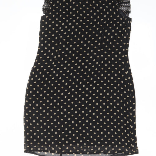 Oasis Womens Black Polka Dot Polyester A-Line Size 10 Boat Neck Button - Lace, Frill