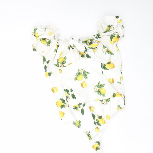 Missguided Womens White Geometric Polyester Bodysuit One-Piece Size 10 Snap - Frill