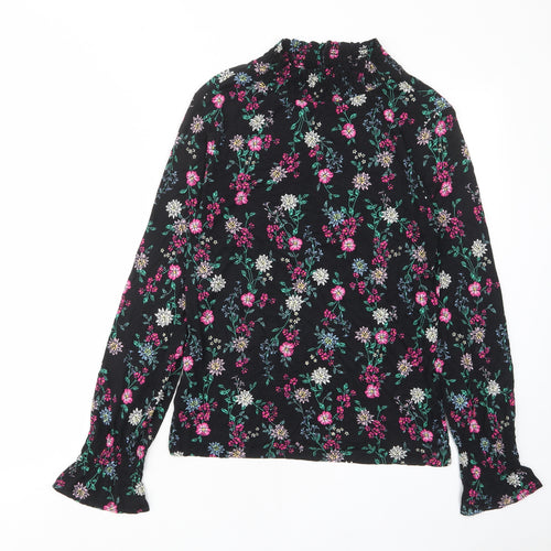 Red Herring Womens Black Floral Viscose Basic T-Shirt Size 12 High Neck