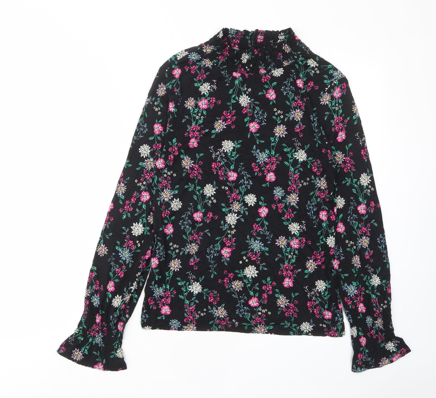 Red Herring Womens Black Floral Viscose Basic T-Shirt Size 12 High Neck