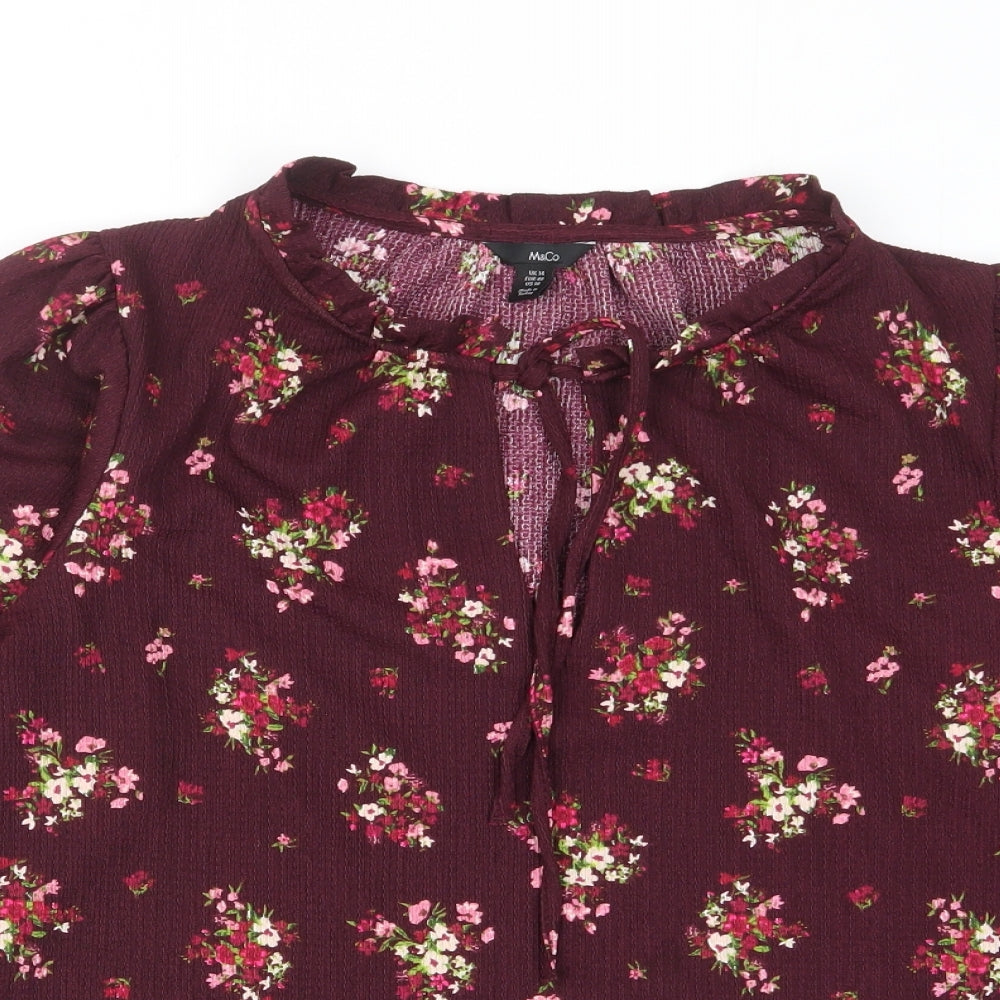 M&Co Womens Purple Floral Polyester Basic Blouse Size 14 Crew Neck - Keyhole neck, Frill