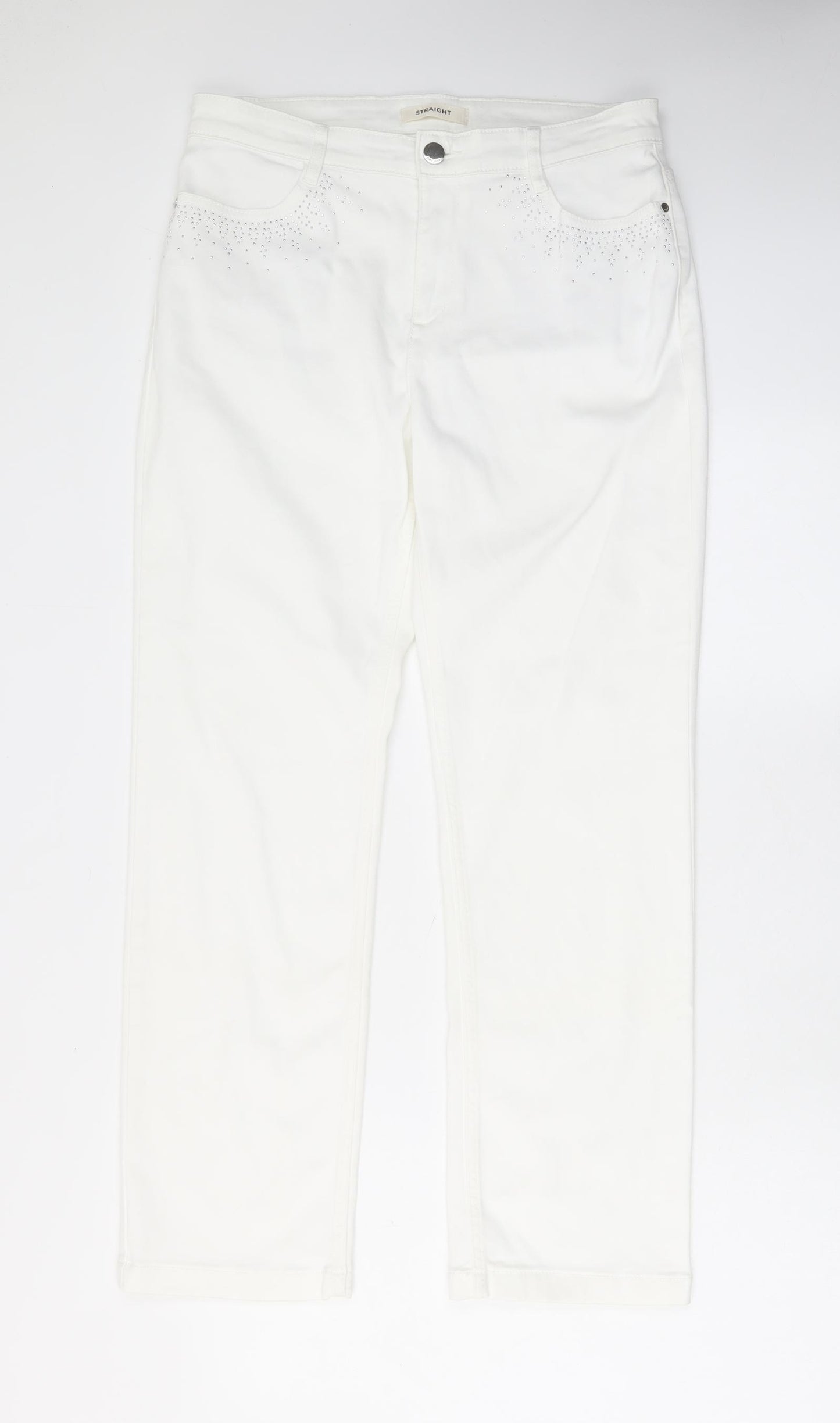 Marks and Spencer Womens White Cotton Straight Jeans Size 14 L28 in Regular Zip - Pockets, Belt Loops, Studs
