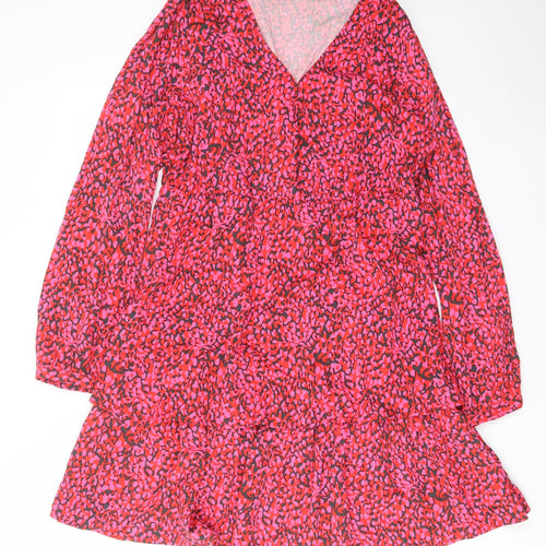 Rino & Pelle Womens Pink Animal Print Viscose A-Line Size 14 V-Neck Button - Frill