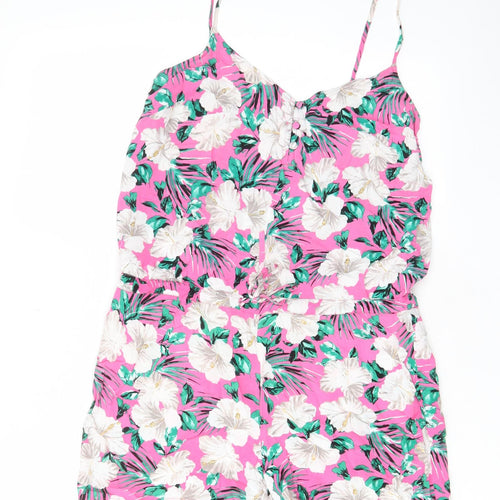 Marks and Spencer Womens Pink Floral Viscose Playsuit One-Piece Size 10 Button - Drawstring