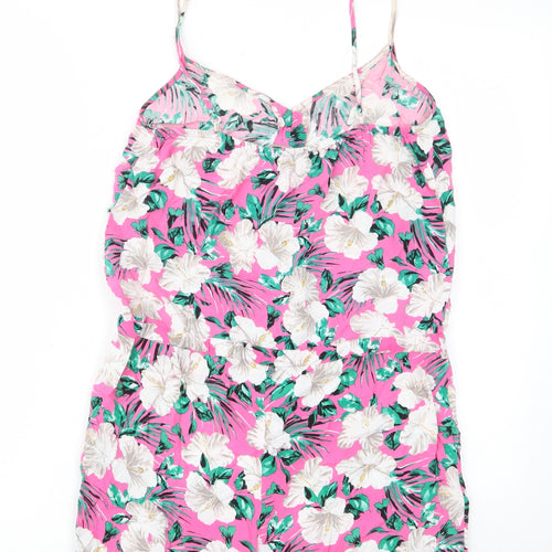 Marks and Spencer Womens Pink Floral Viscose Playsuit One-Piece Size 10 Button - Drawstring