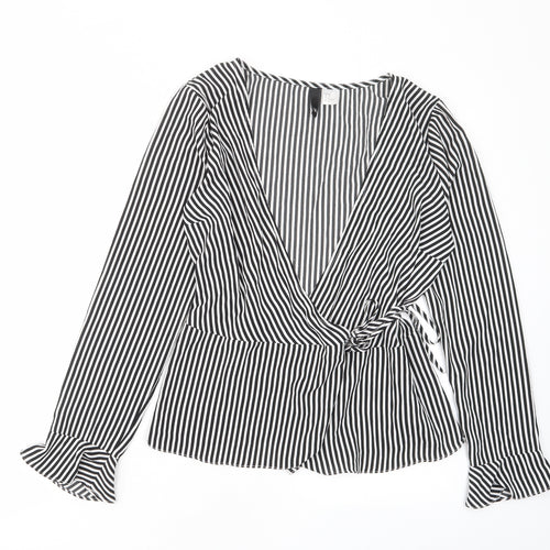 H&M Womens Black Striped Polyester Basic Blouse Size 14 V-Neck