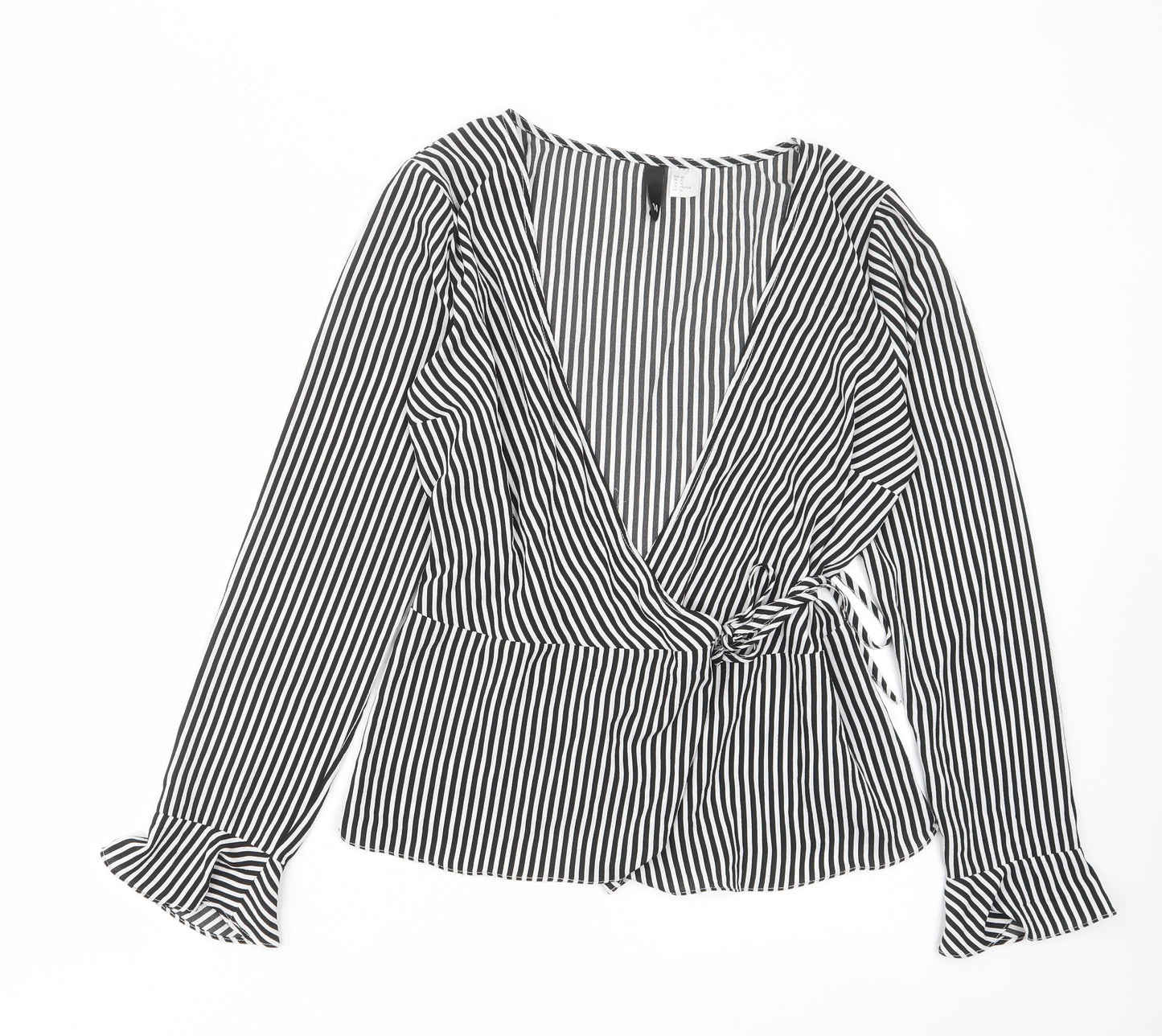 H&M Womens Black Striped Polyester Basic Blouse Size 14 V-Neck