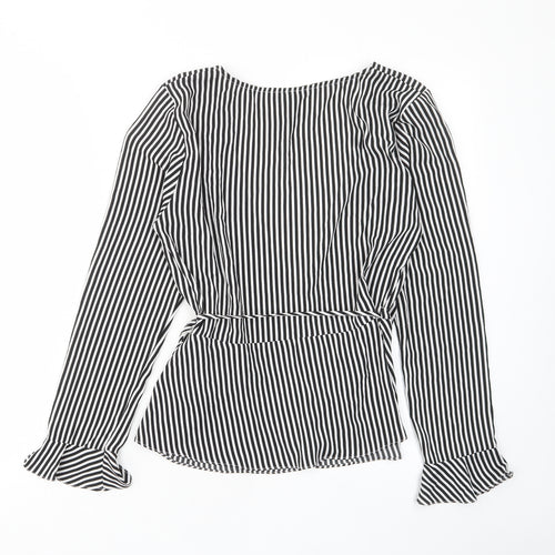 H&M Womens Black Striped Polyester Basic Blouse Size 14 V-Neck