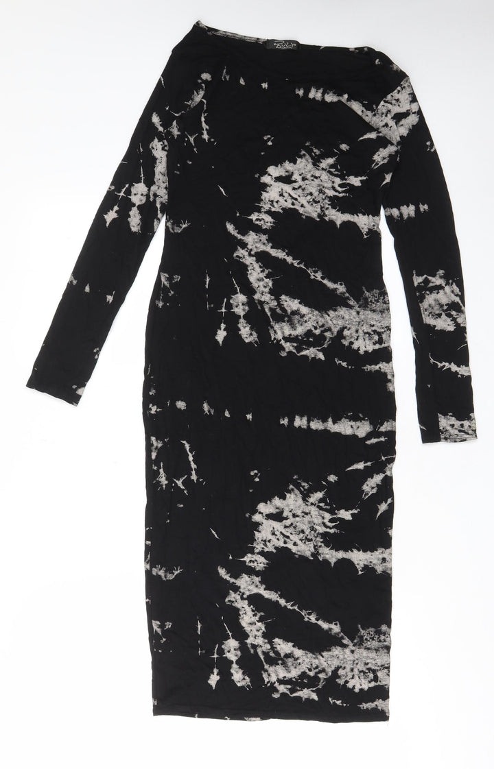 Buzy Collection Womens Black Geometric Viscose Bodycon Size M Boat Neck Pullover