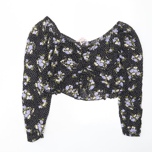 Miss Selfridge Womens Black Floral Viscose Cropped Blouse Size 8 V-Neck