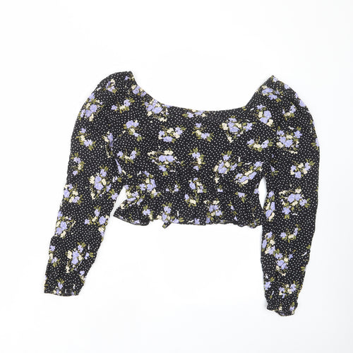 Miss Selfridge Womens Black Floral Viscose Cropped Blouse Size 8 V-Neck