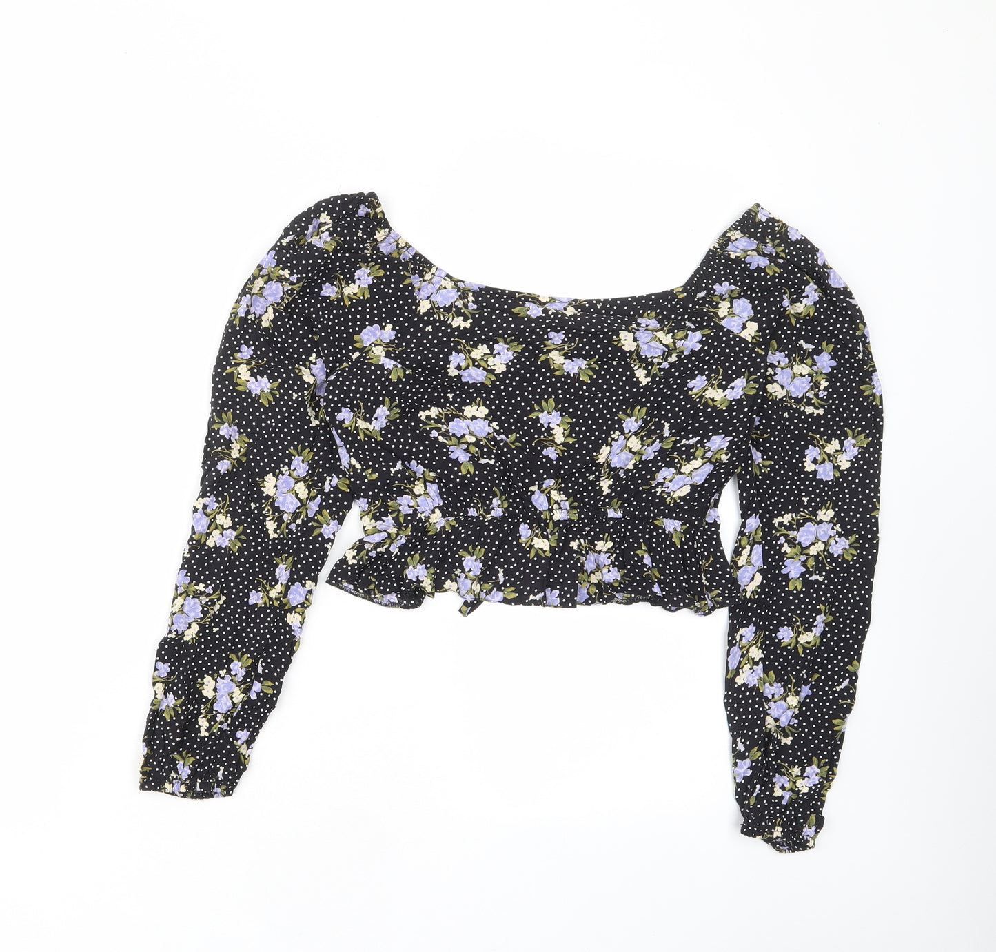 Miss Selfridge Womens Black Floral Viscose Cropped Blouse Size 8 V-Neck