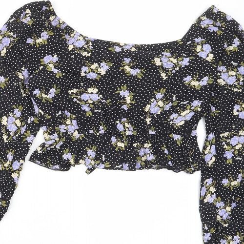 Miss Selfridge Womens Black Floral Viscose Cropped Blouse Size 8 V-Neck