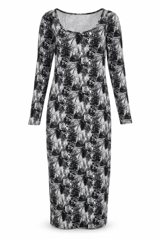 Front view of H&M women’s black geometric viscose bodycon, size S, scoop neck pullover