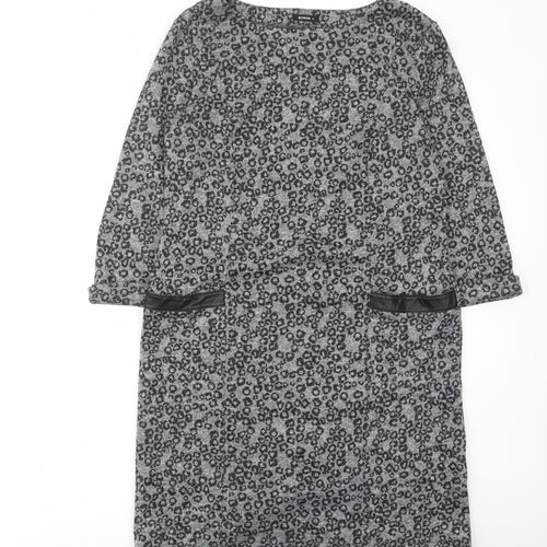 Roman Womens Grey Animal Print Polyester A-Line Size 14 Boat Neck Pullover - Pockets