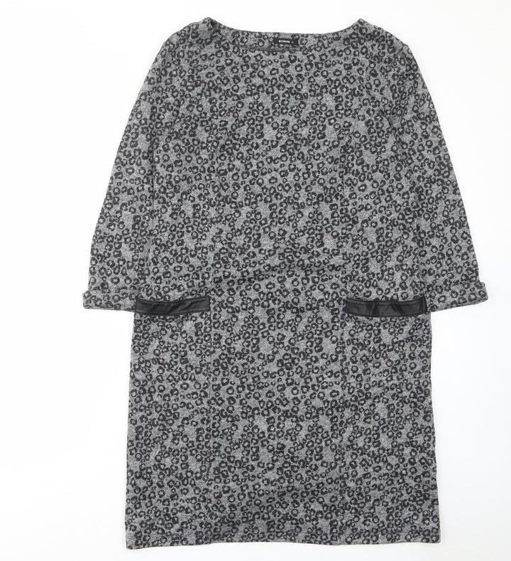 Roman Womens Grey Animal Print Polyester A-Line Size 14 Boat Neck Pullover - Pockets