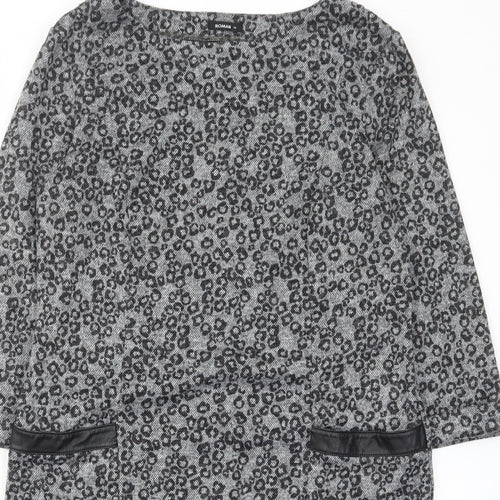 Roman Womens Grey Animal Print Polyester A-Line Size 14 Boat Neck Pullover - Pockets