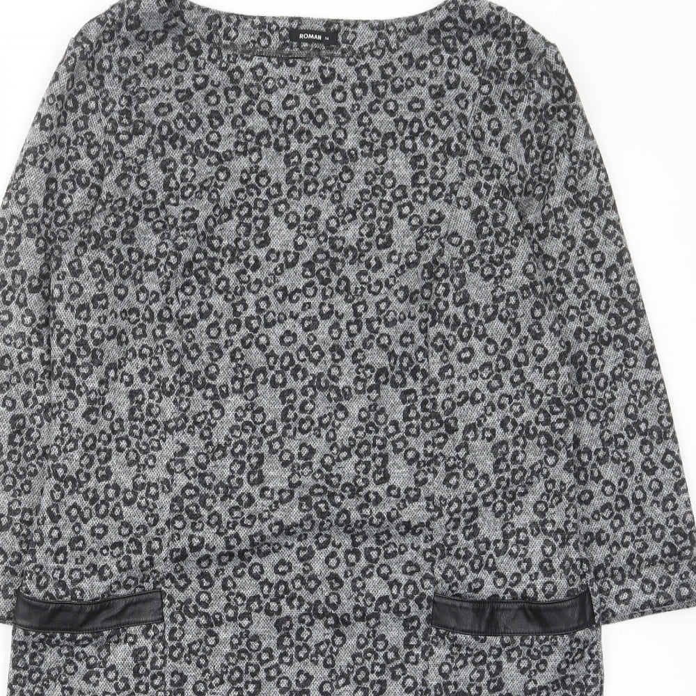 Roman Womens Grey Animal Print Polyester A-Line Size 14 Boat Neck Pullover - Pockets