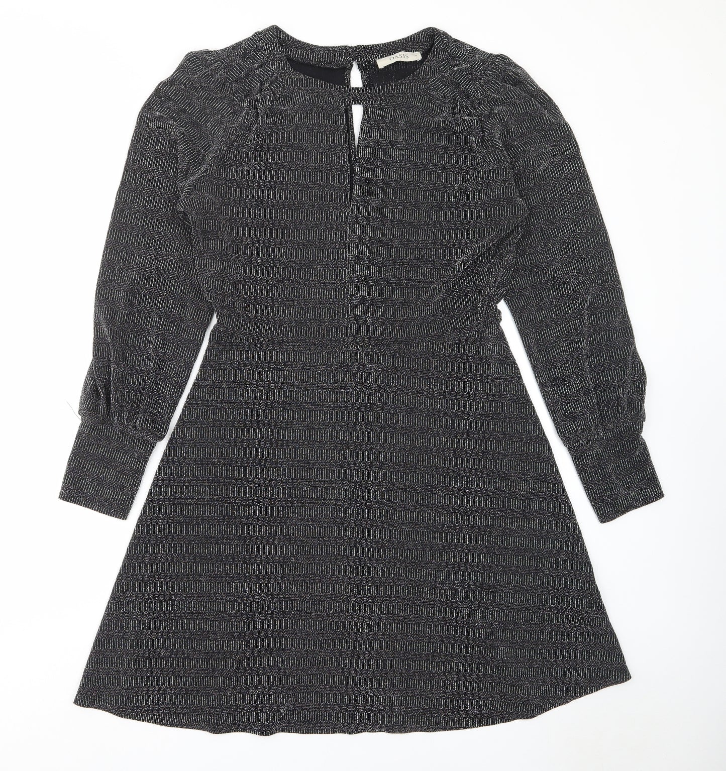 Oasis Womens Black Polyamide A-Line Size M Crew Neck Button - Keyhole neck