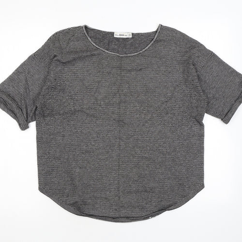 Zara Womens Black Striped Viscose Basic T-Shirt Size M Boat Neck