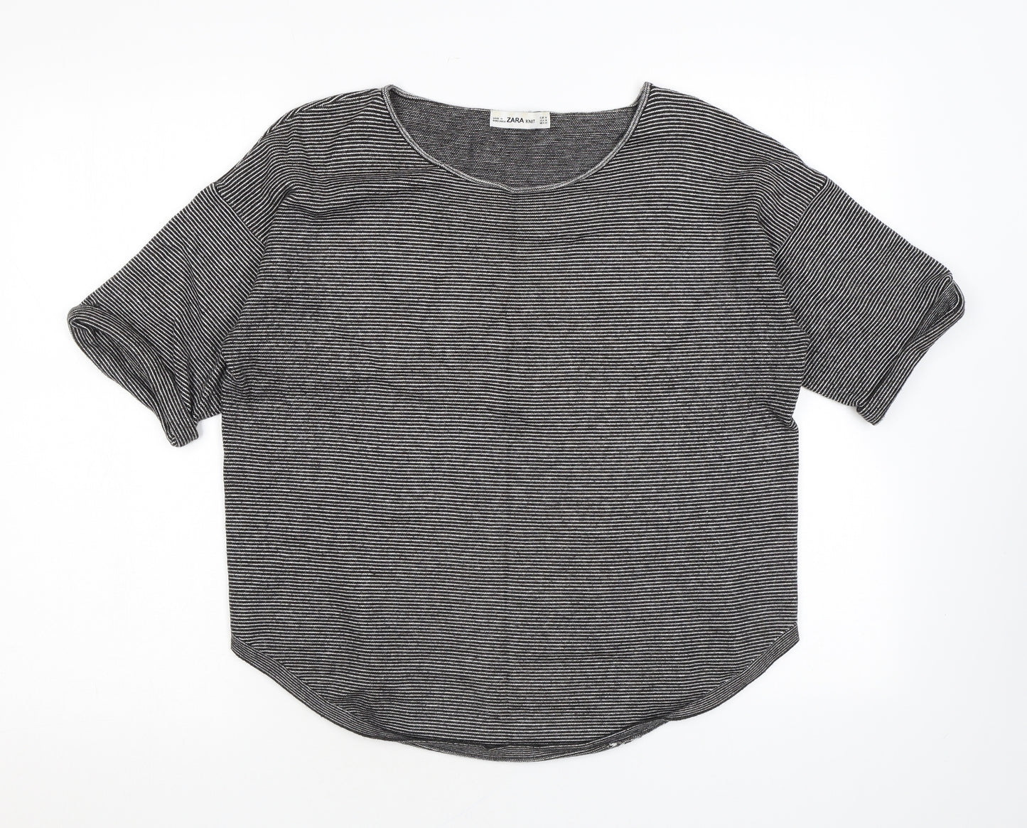 Zara Womens Black Striped Viscose Basic T-Shirt Size M Boat Neck