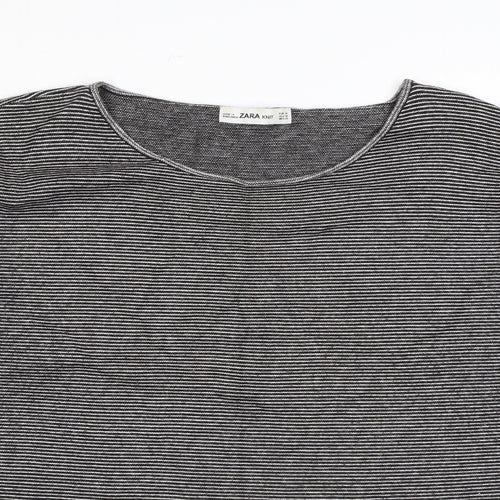 Zara Womens Black Striped Viscose Basic T-Shirt Size M Boat Neck