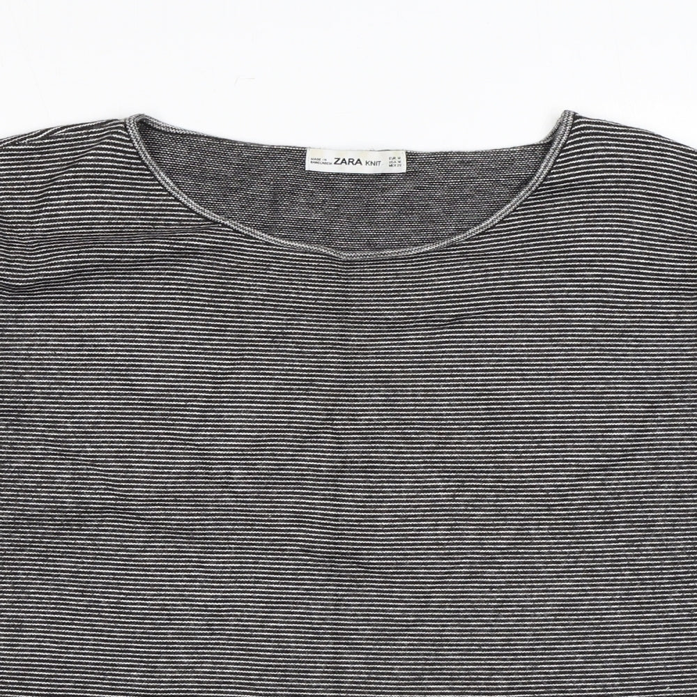 Zara Womens Black Striped Viscose Basic T-Shirt Size M Boat Neck