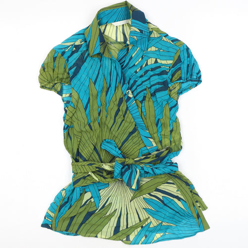 Marks and Spencer Womens Blue Geometric Viscose Wrap T-Shirt Size 12 Collared - Leaf print