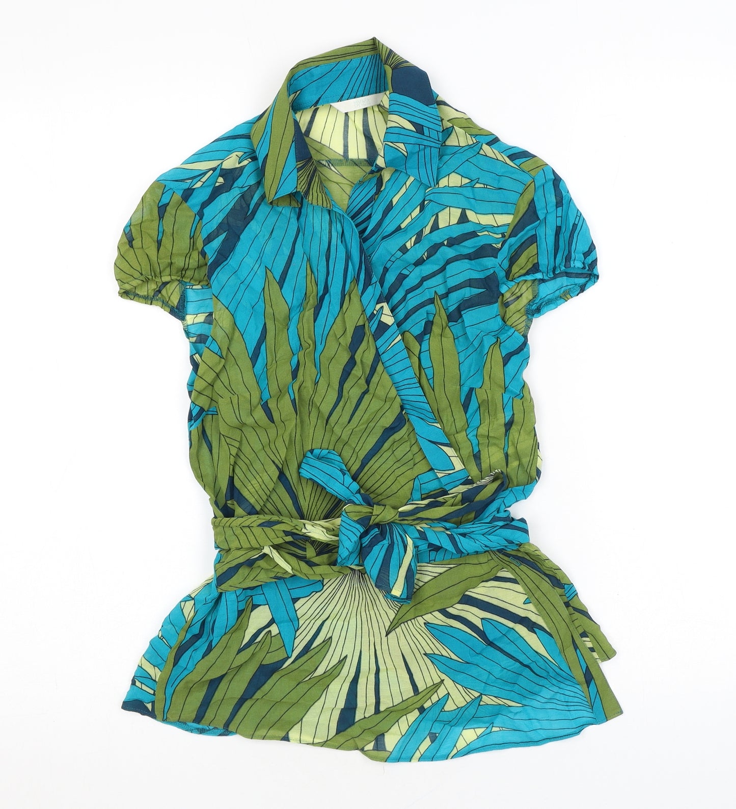 Marks and Spencer Womens Blue Geometric Viscose Wrap T-Shirt Size 12 Collared - Leaf print