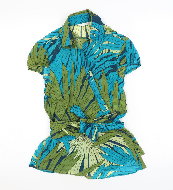 Marks and Spencer Womens Blue Geometric Viscose Wrap T-Shirt Size 12 Collared - Leaf print
