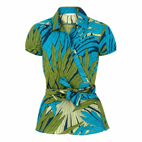 Marks and Spencer Womens Blue Geometric Viscose Wrap T-Shirt Size 12 Collared - Leaf print