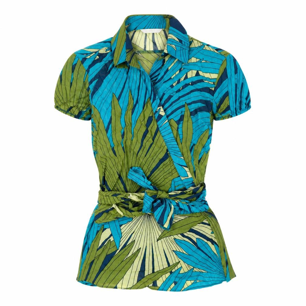 Marks and Spencer Womens Blue Geometric Viscose Wrap T-Shirt Size 12 Collared - Leaf print
