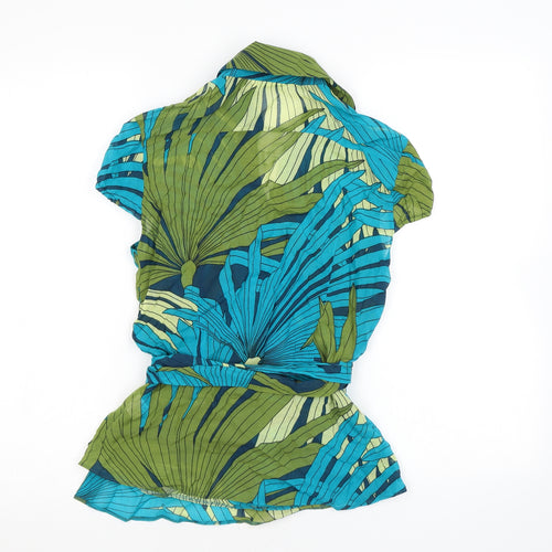Marks and Spencer Womens Blue Geometric Viscose Wrap T-Shirt Size 12 Collared - Leaf print