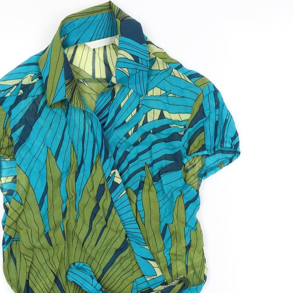 Marks and Spencer Womens Blue Geometric Viscose Wrap T-Shirt Size 12 Collared - Leaf print