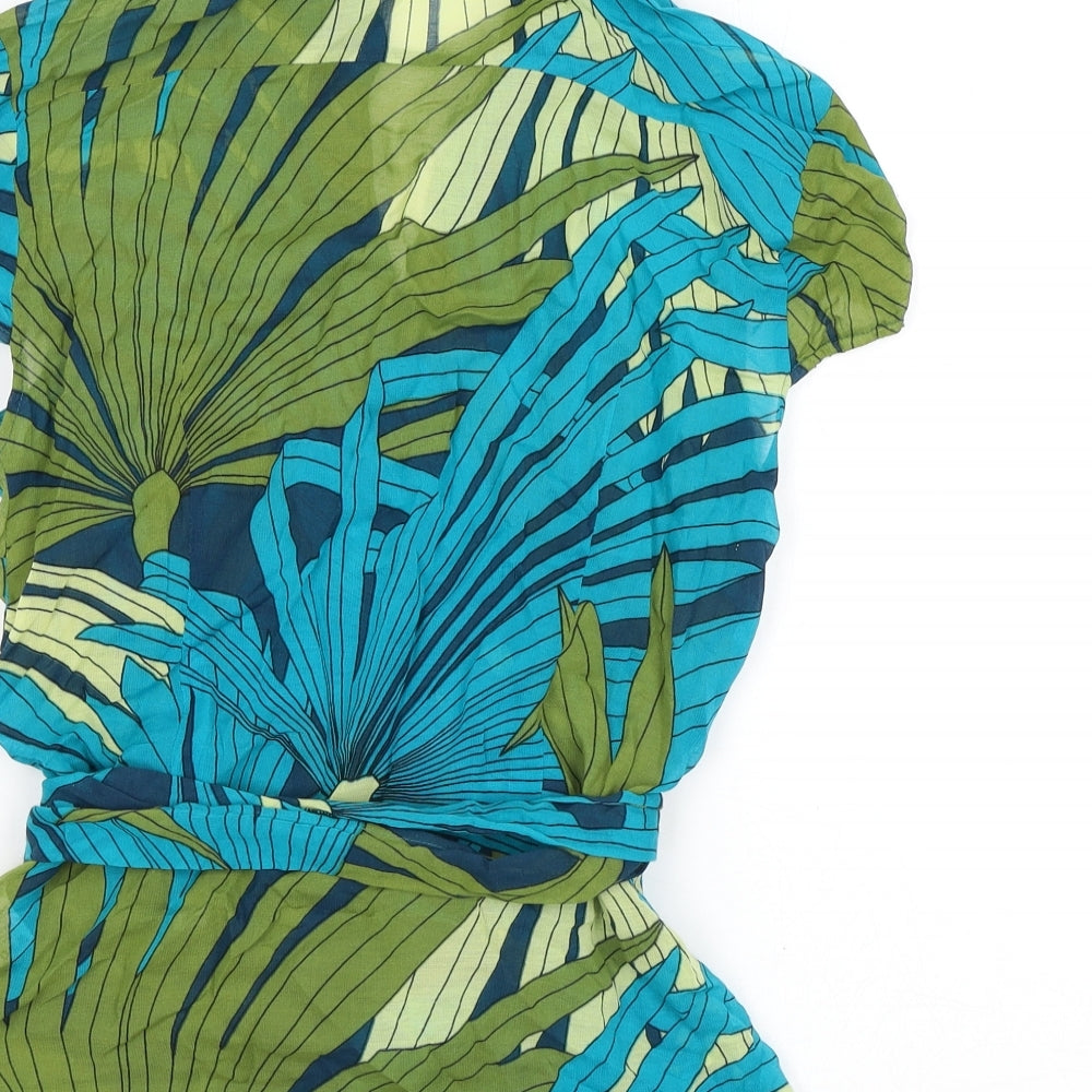 Marks and Spencer Womens Blue Geometric Viscose Wrap T-Shirt Size 12 Collared - Leaf print