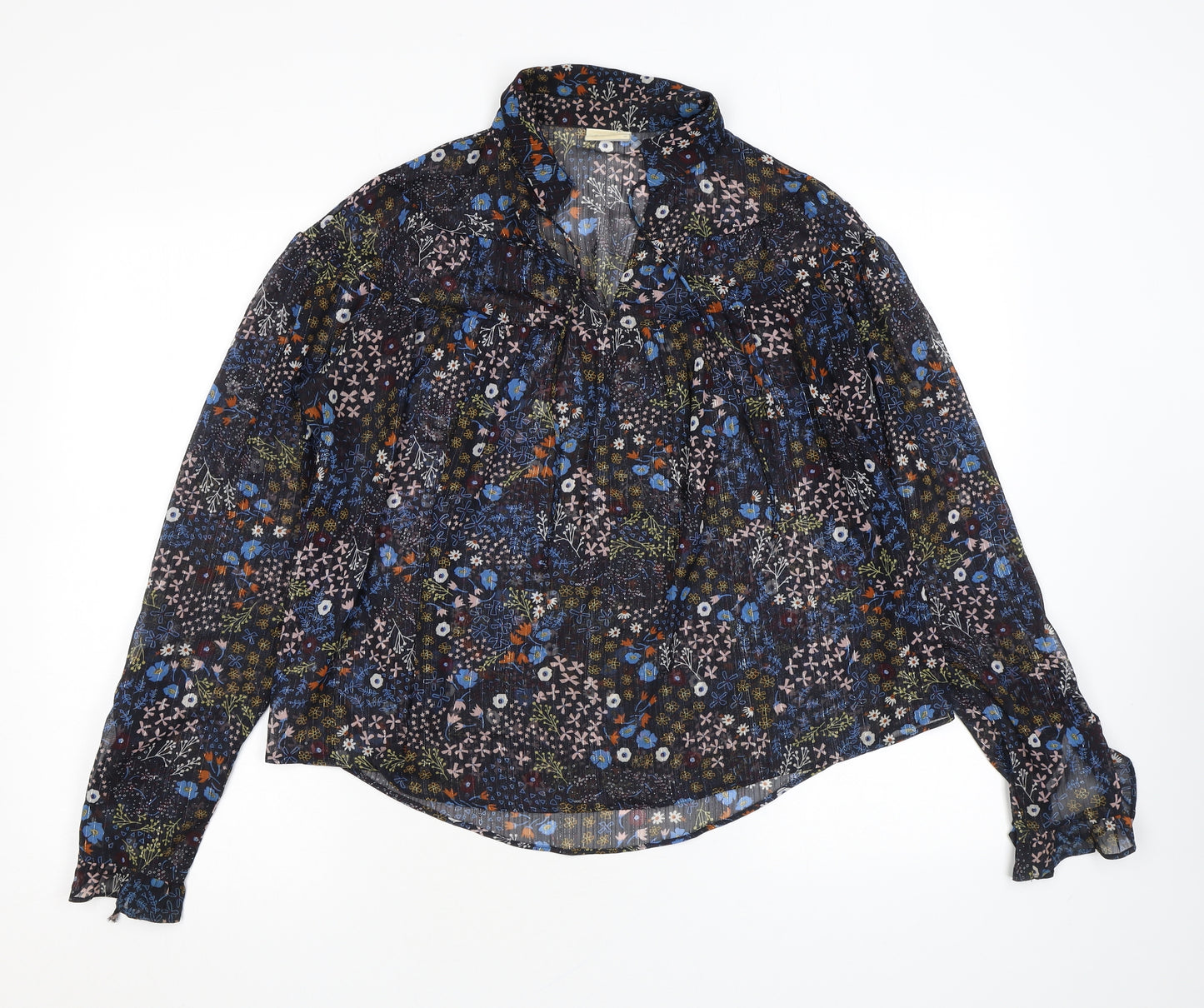 VILA Womens Black Floral Polyester Basic Blouse Size 8 Collared