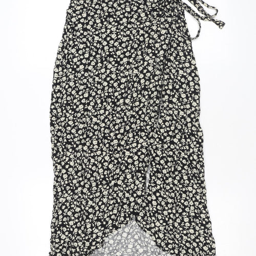 New Look Womens Black Floral Viscose Wrap Skirt Size 6 Button