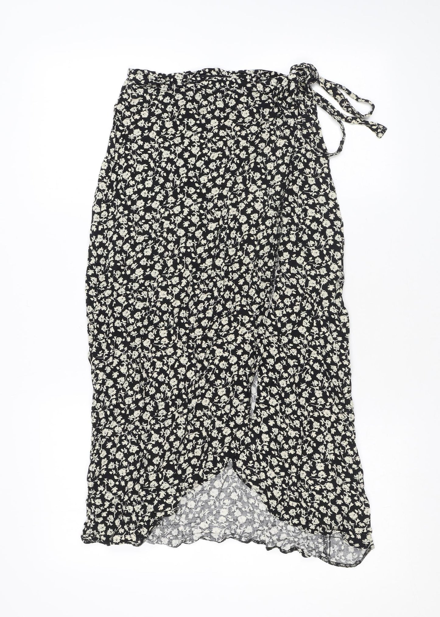 New Look Womens Black Floral Viscose Wrap Skirt Size 6 Button