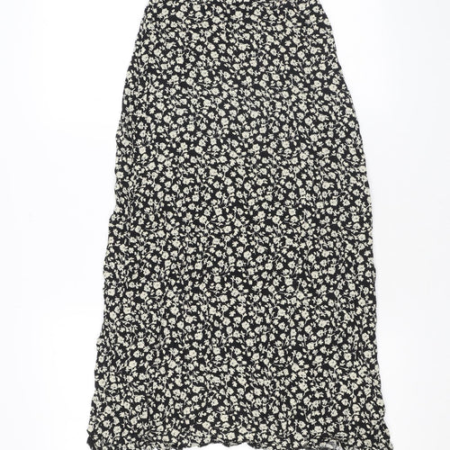 New Look Womens Black Floral Viscose Wrap Skirt Size 6 Button